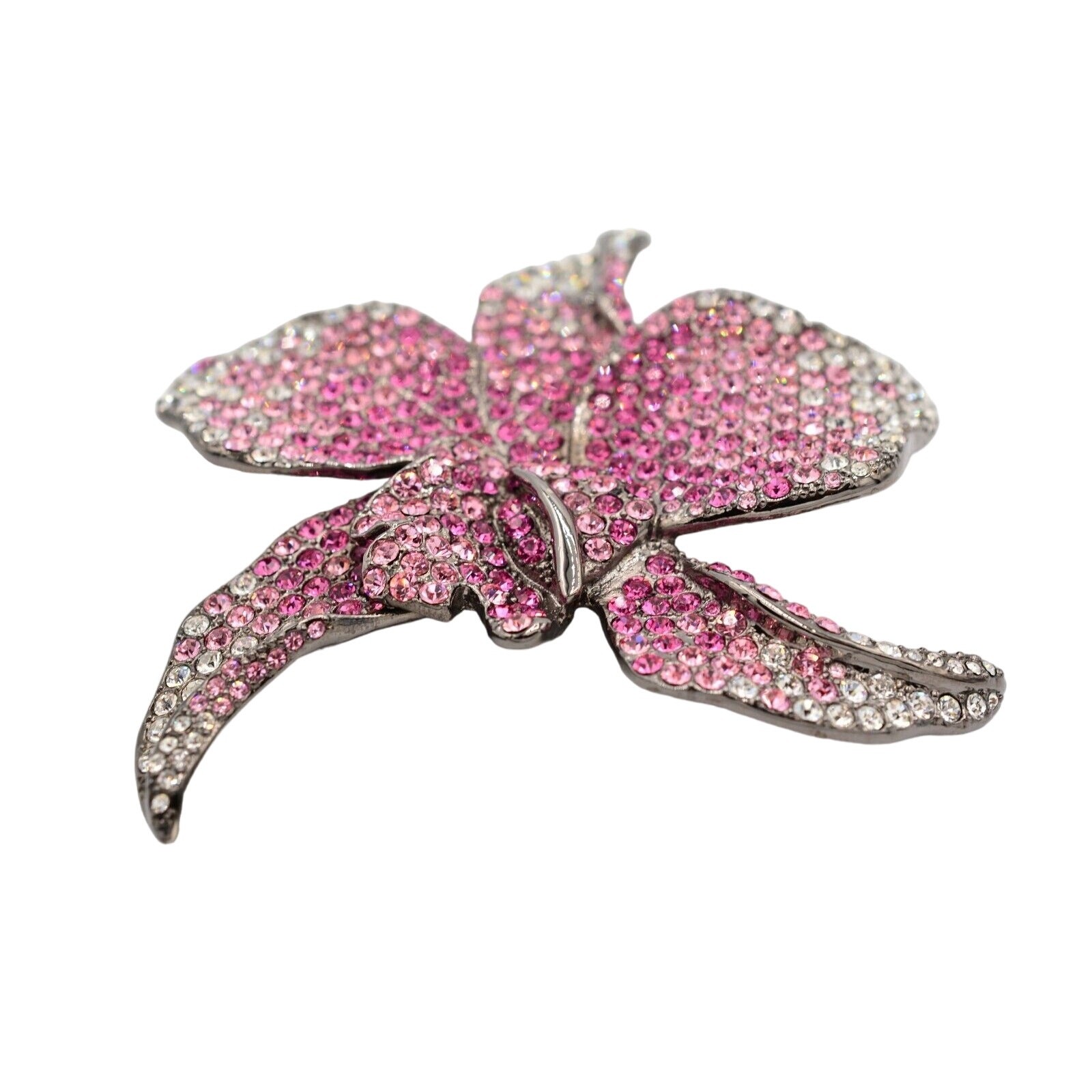 PJM Crystal Flower Brooch Pin 4″ Rhinestone Pink Gunmetal Vintage Signed BinV
