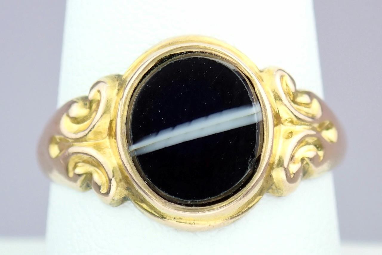 Fine Antique Edwardian Solid 9K Rose Gold Banded Agate Signet Pinky Ring 1904 8