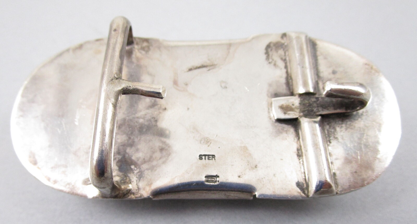 RARE EARLY SHARON JOHNSTON DALLAS STERLING SILVER BRASS WOOD BELT BUCKLE – 44G