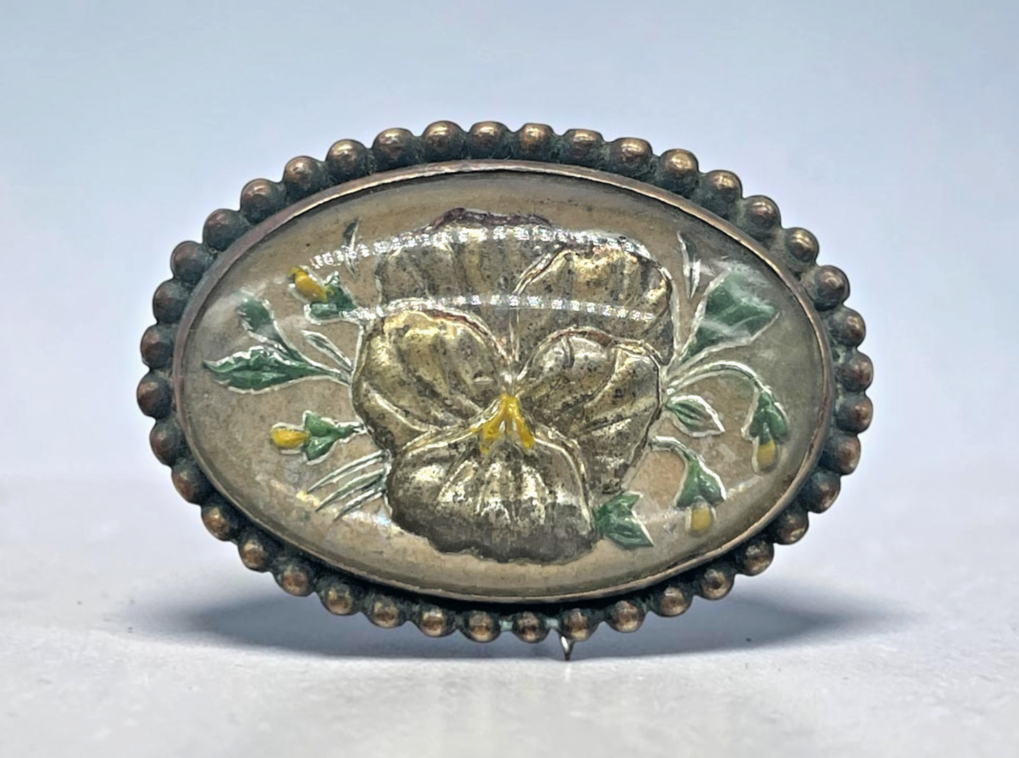 Antique Victorian Goofus Glass Iridescent Pansy flower Brass c-clasp brooch
