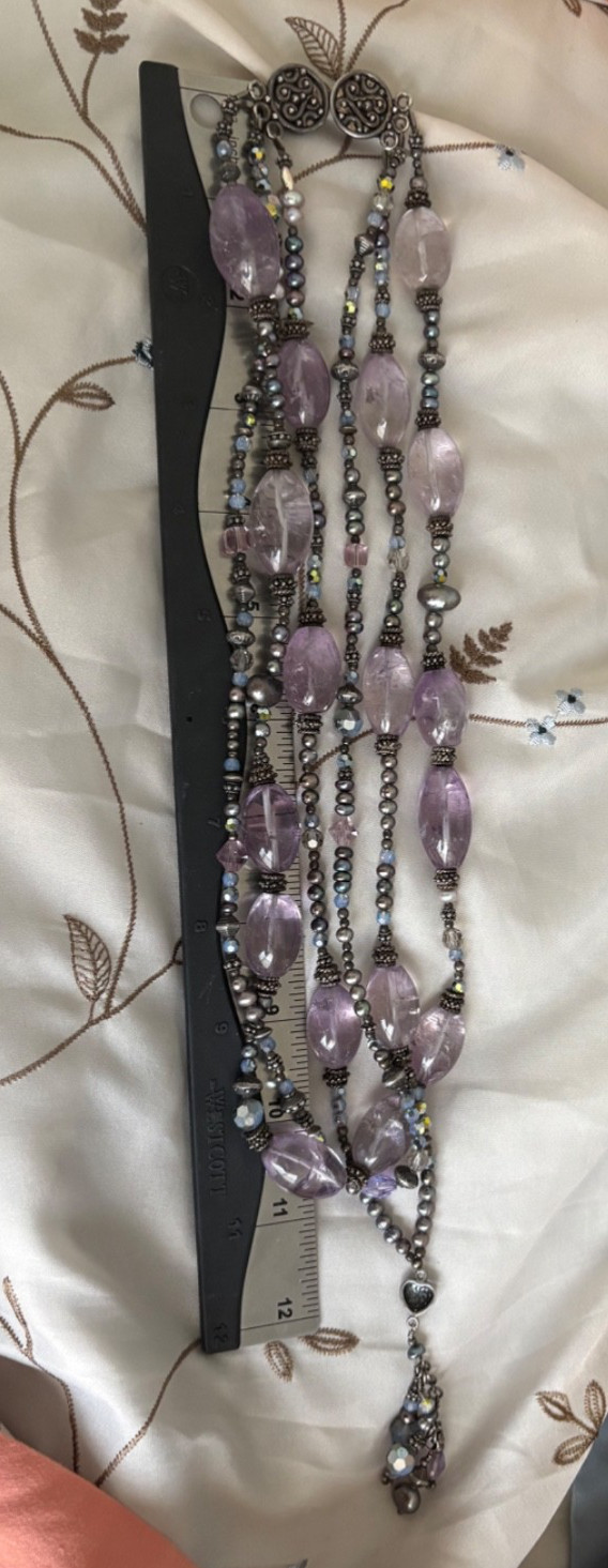 Artisan Purple Glass Silver Beaded 925 Triple Strand Necklace