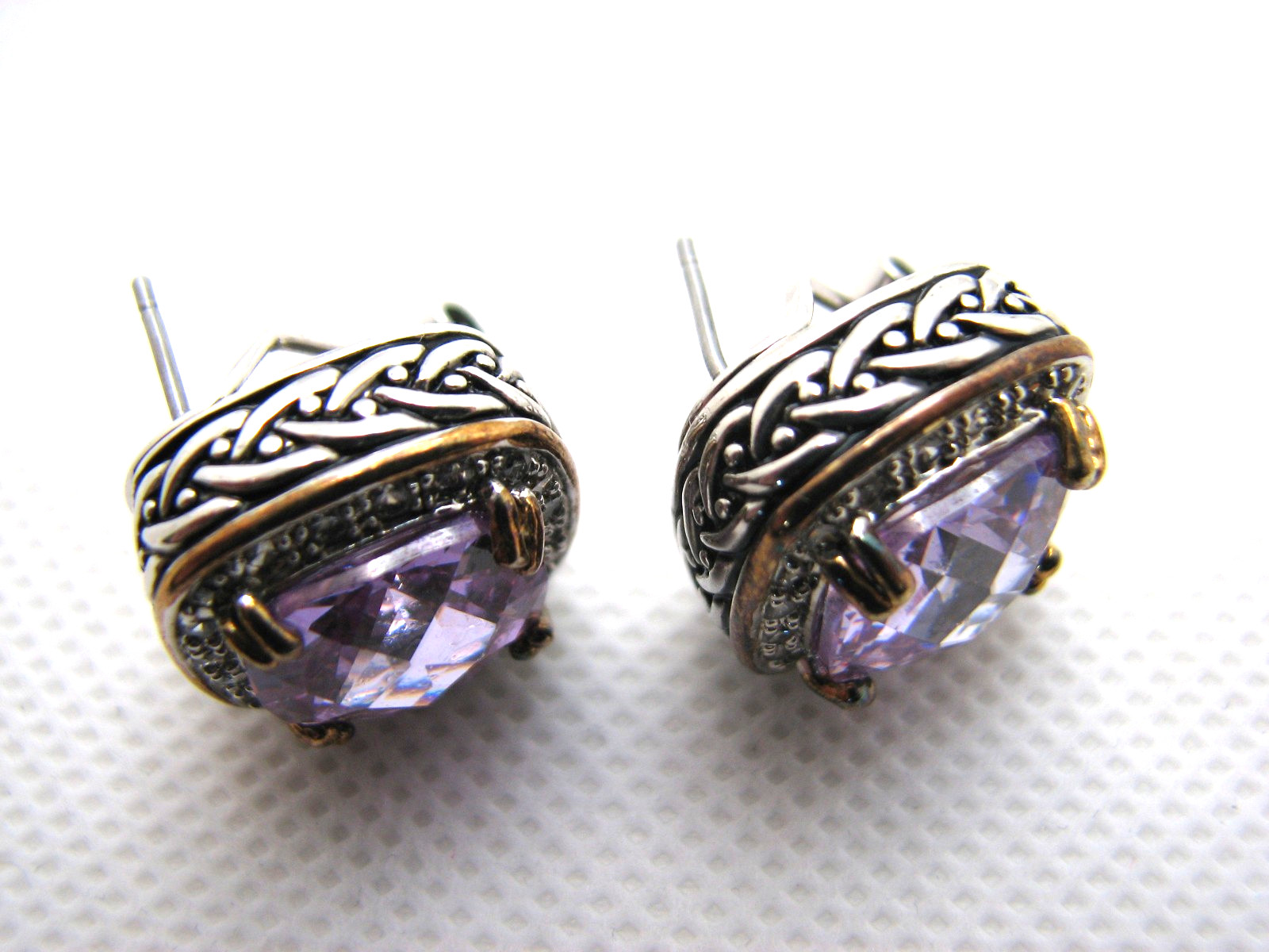 Vintage Brilliant Cushion Cut Amethyst CZ Halo Pierced Earrings Two-Tone Metal