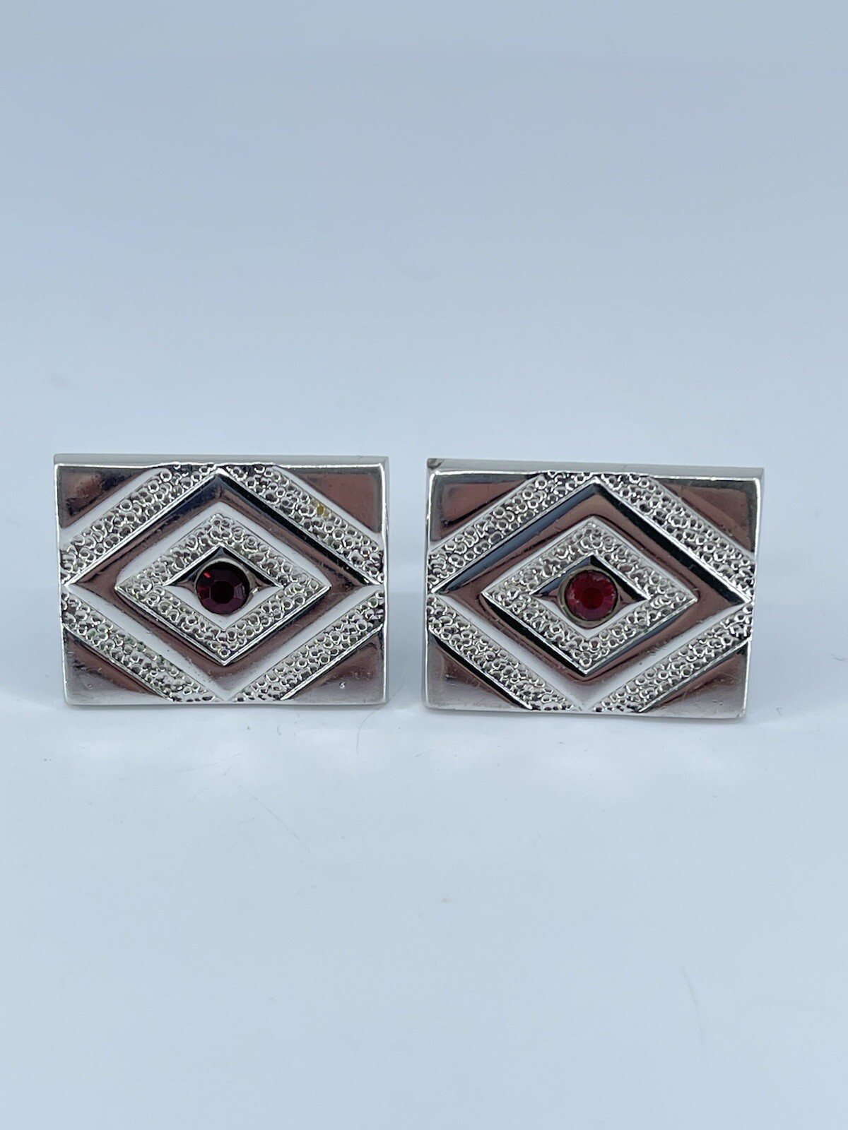 Swank rectangle cufflinks red rhinestone brushed polished silver tone
