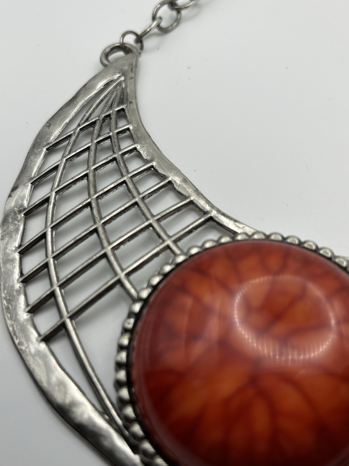 Brutalist Necklace Art Nouveau Inspired Hammered Lattice Bib Swirl Cabochon MCM