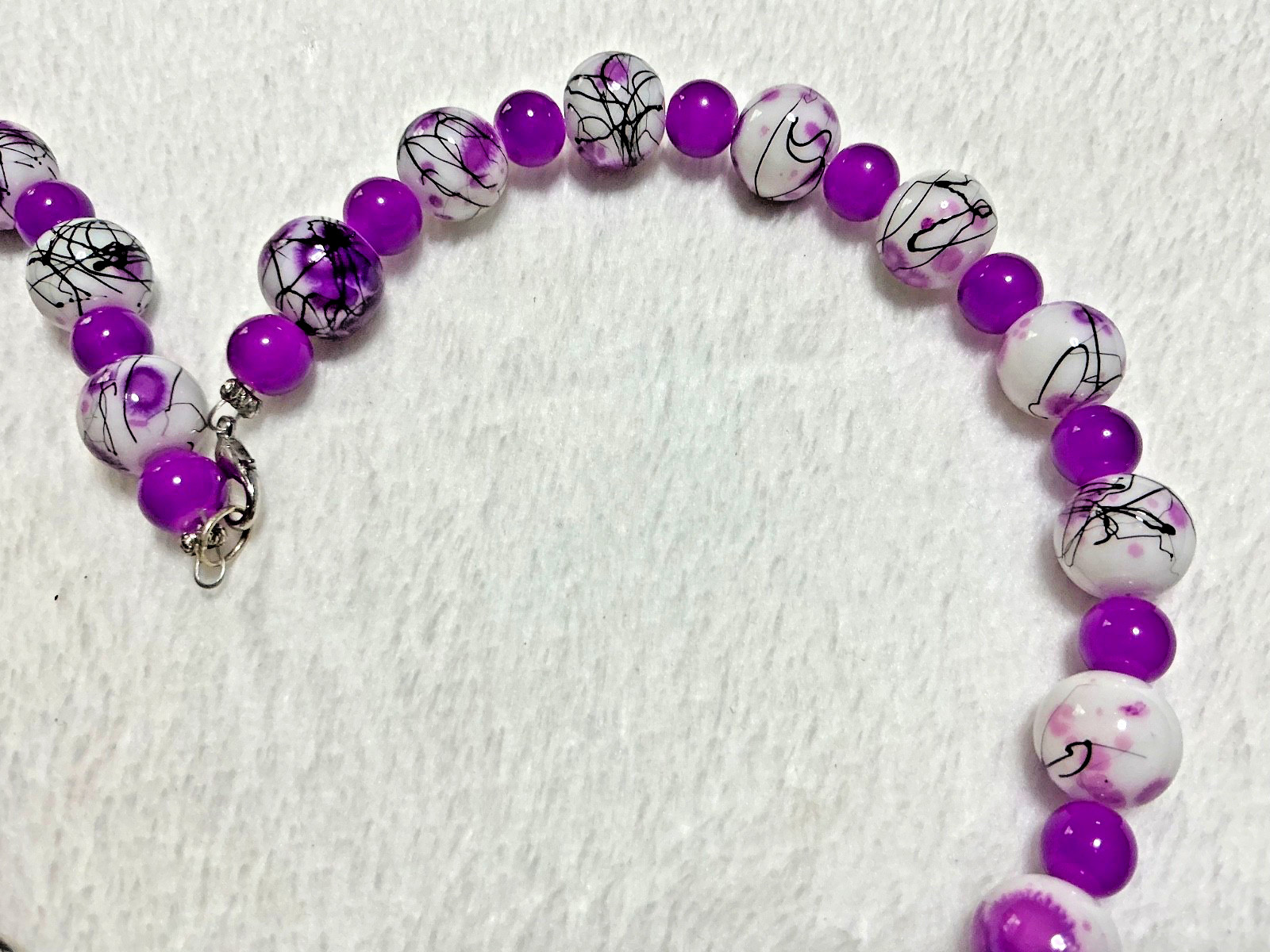 Vintage Violet Purple White Black Splatter Glass Beaded Necklace & Earrings Set