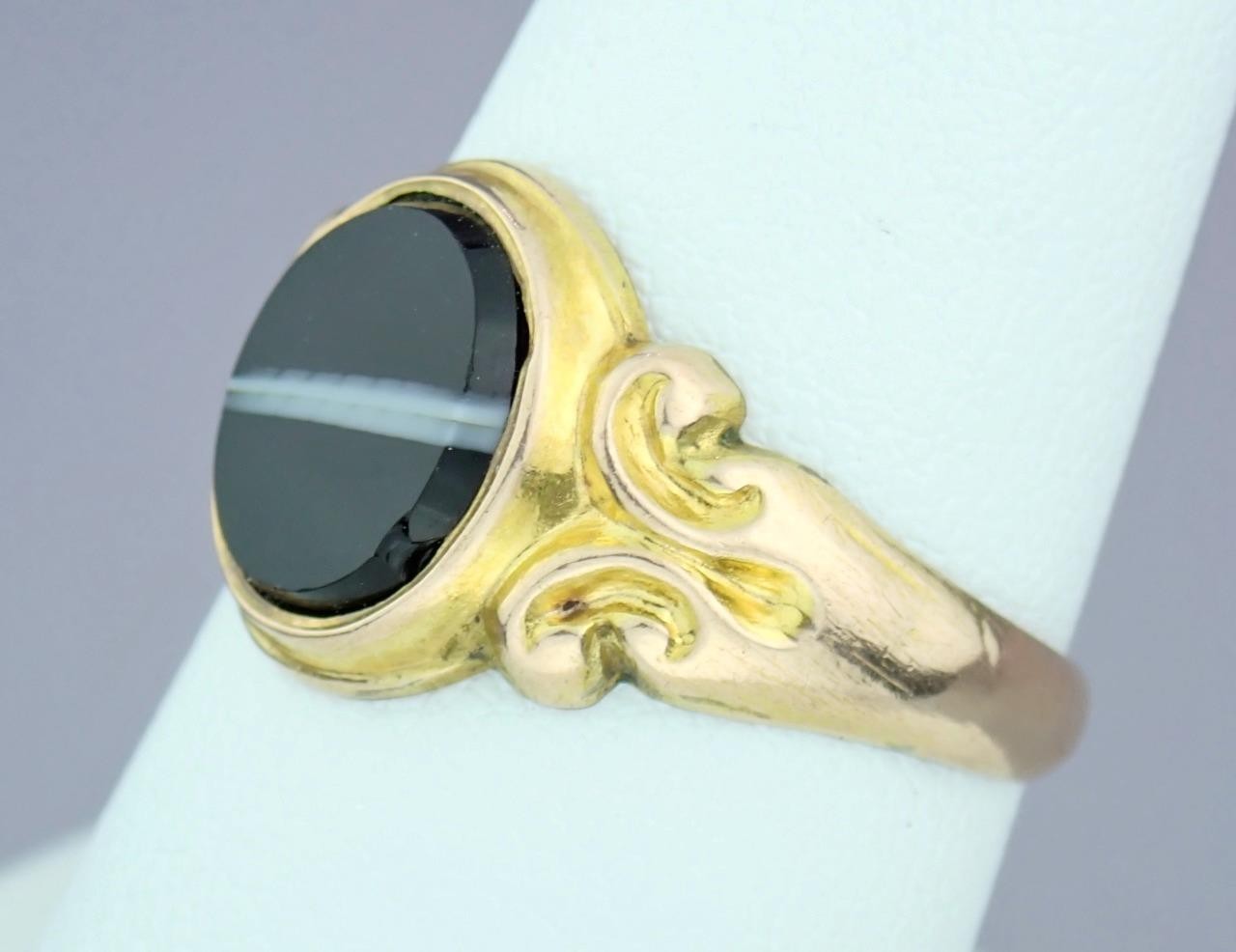Fine Antique Edwardian Solid 9K Rose Gold Banded Agate Signet Pinky Ring 1904 8