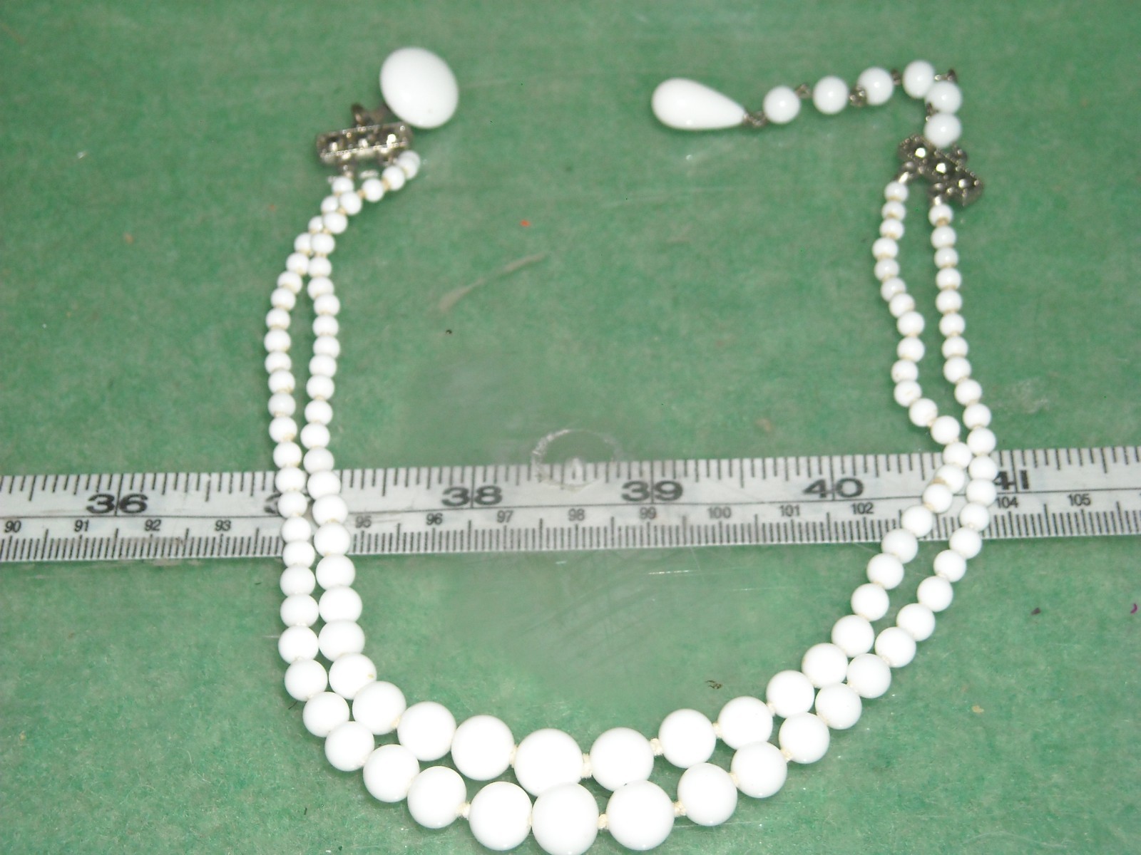 vintage white glass bead two strand necklace from Japan hook at 15″ and shorter