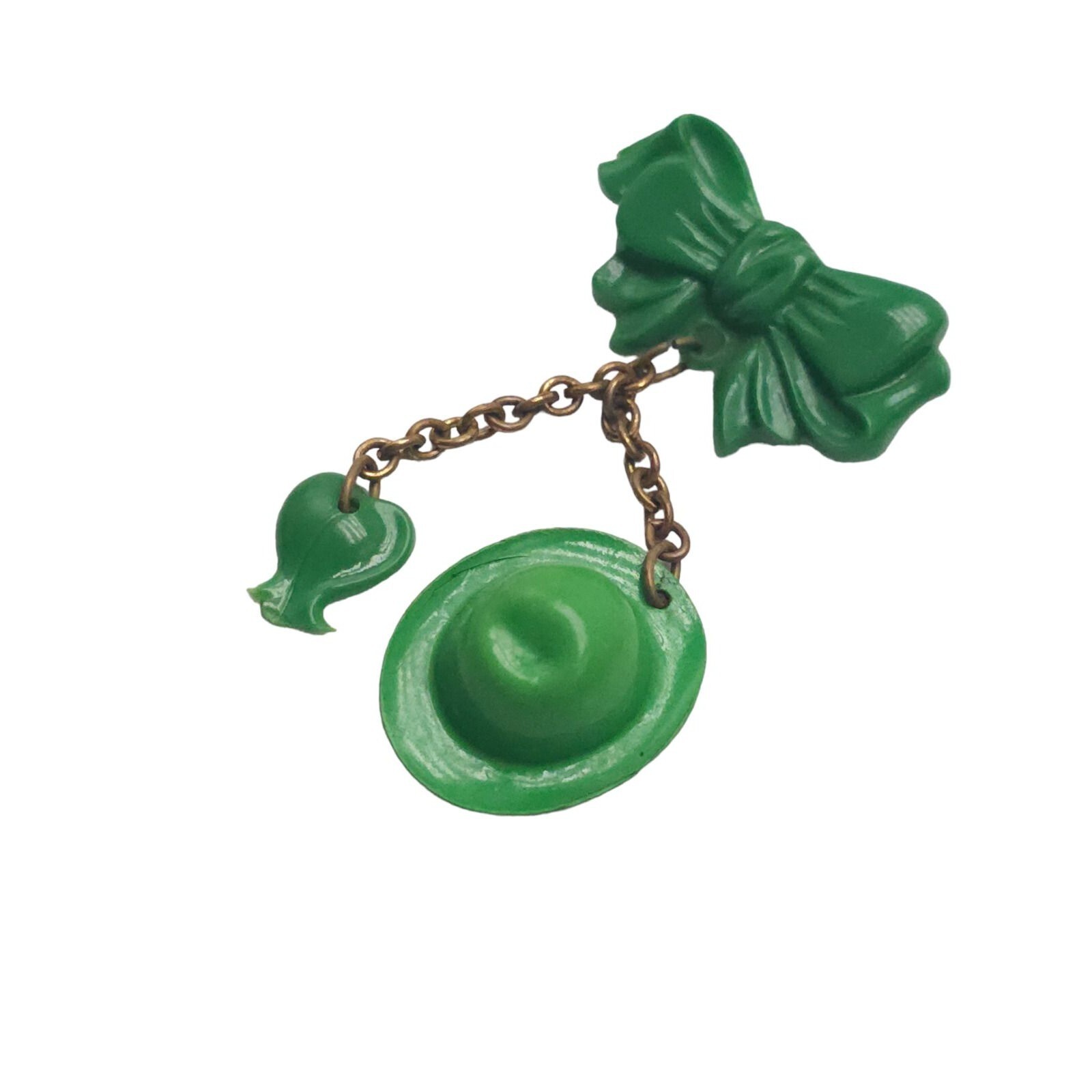 St. Patrick’s Day Green Shamrock Leprechaun Hat Bow Brooch Pin VTG