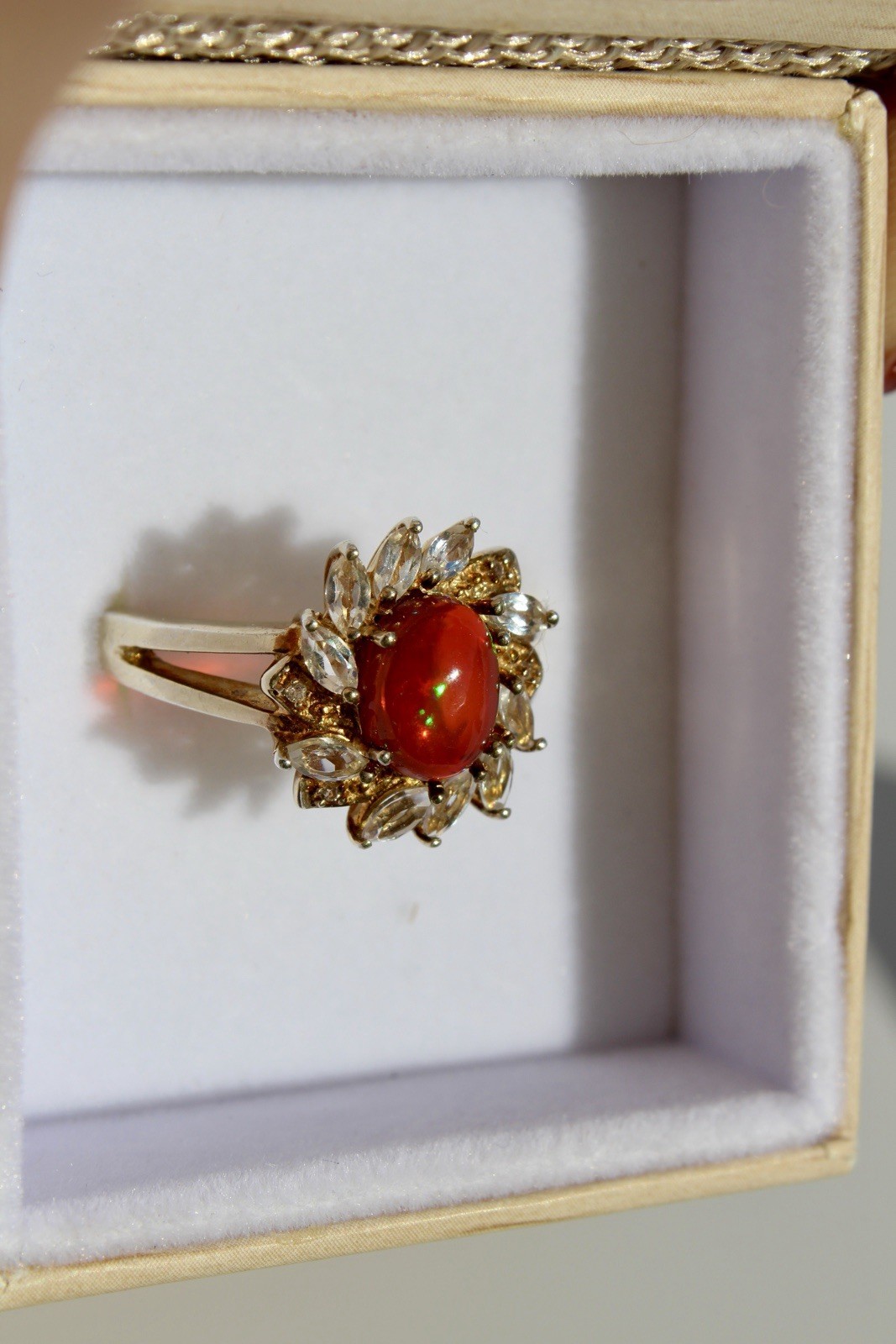 Antique Opalescent Amber Cabochon & Spinel Ring, 2 Carats 9K Gold