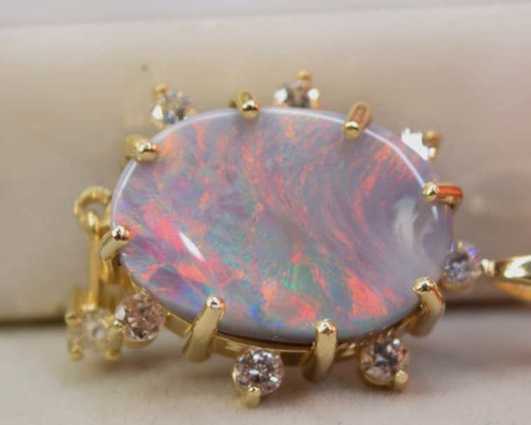 Estate Antique 14K Gold Large 10ct Black Opal Diamond Necklace Pendant