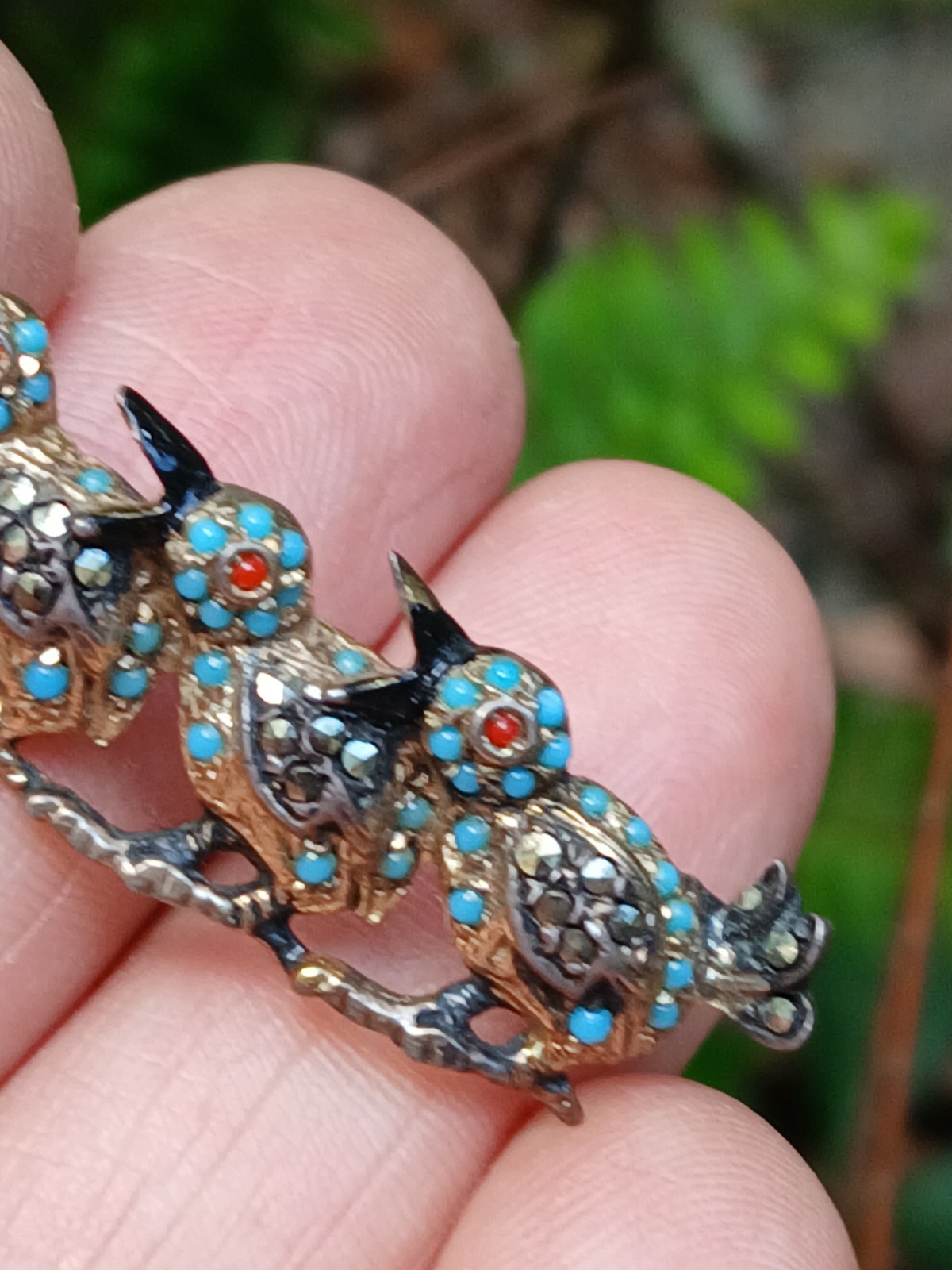 Nice Sterling Silver Enamel Marcasite 3 Birds Branch Brooch/Pin Germany US Zone
