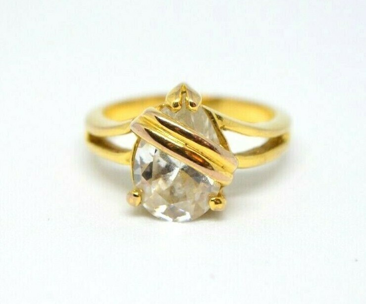 Clear Glass Rhinestone Pear Cut Solitaire Gold Tone Ring Size 6.25