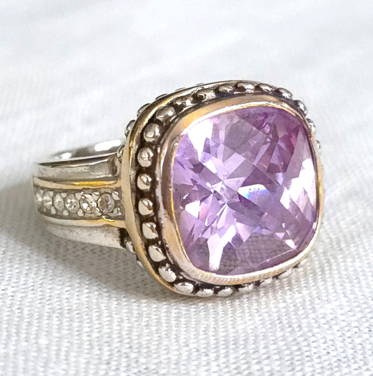 Sterling Silver Lavender CZ Ring Cushion Cut Gold Accent Halo Size 7.5 Statement