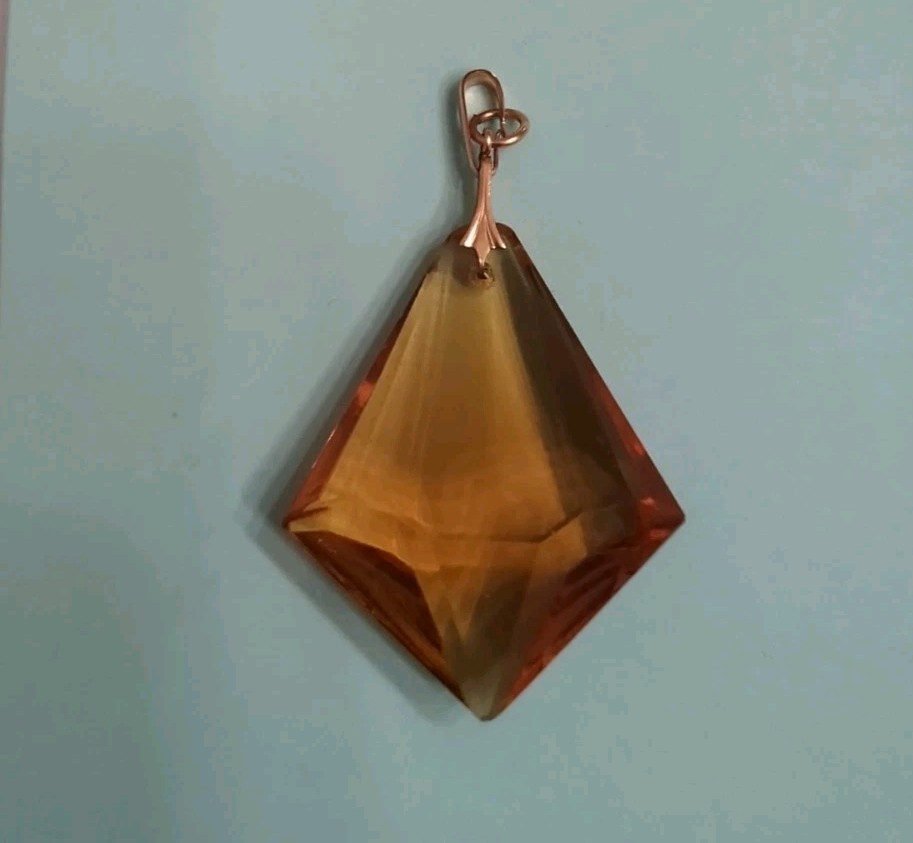 Vintage Amber Tone Faceted Glass /Resin Pendant Geometric Pyramid Charm