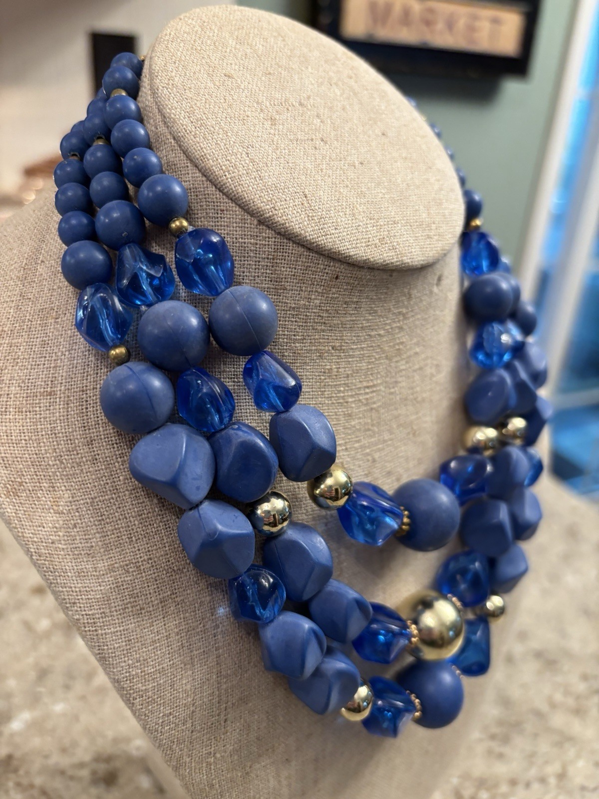 Vintage 50’s-60’s 3 Strand Plastic Blue Beaded Choker Necklace 16 1/2 Inch