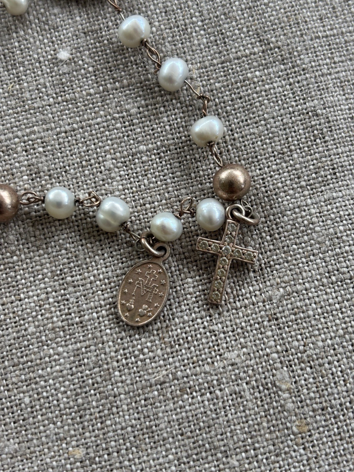 Vintage Dyadema Italy 925 Rosary Bracelet, Mary, Cross with Rhinestones 7″ to 8″