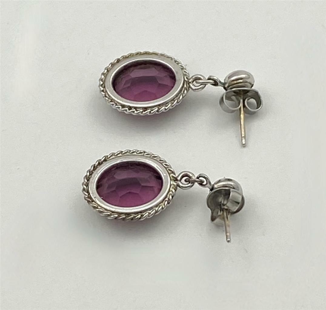 Vintage Faux Amethyst Silver Tone Dangle Drop Post Earrings