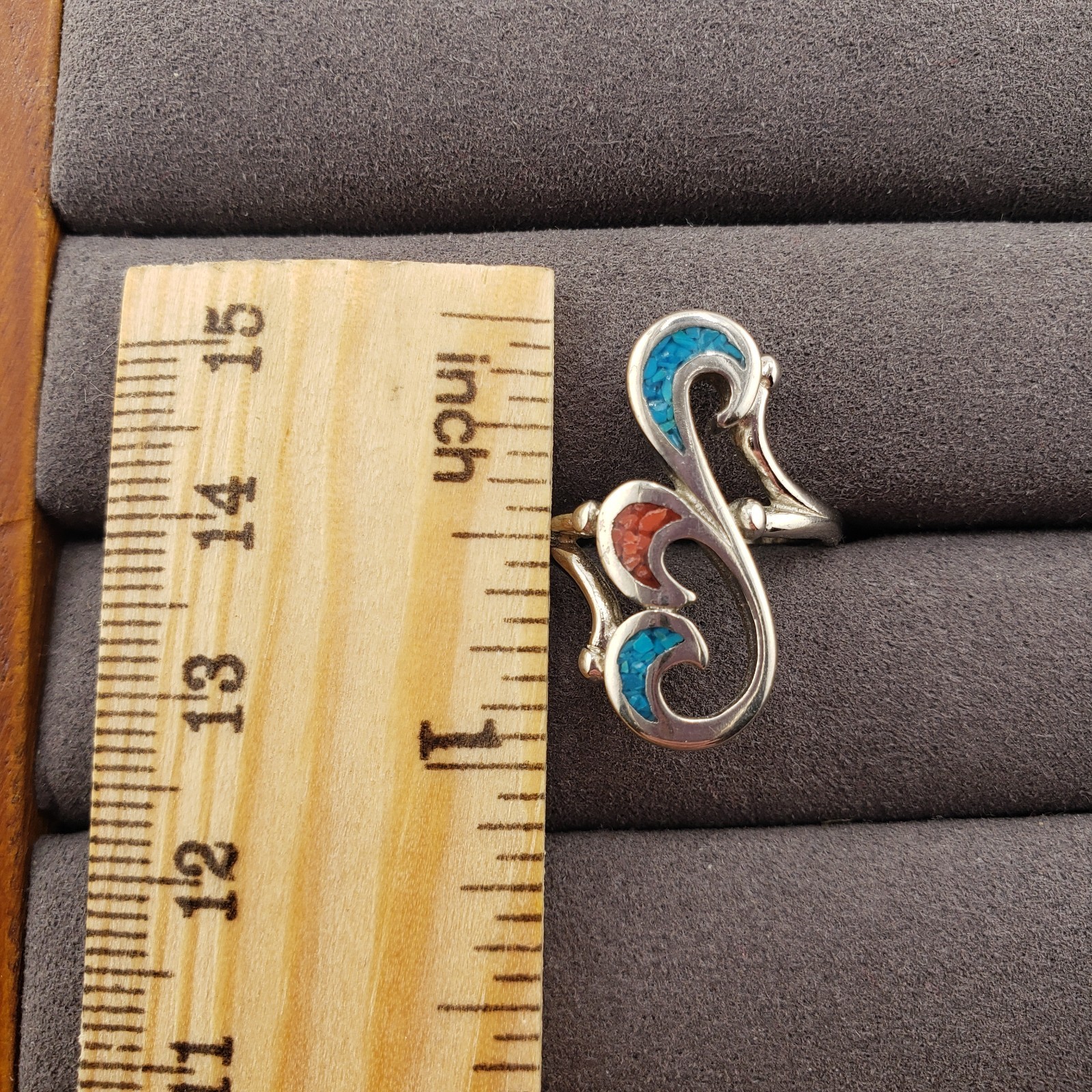 Silvertone Southwest Ring 7.5 Filigree Swirl Turquoise Coral Inlay Artist Signed