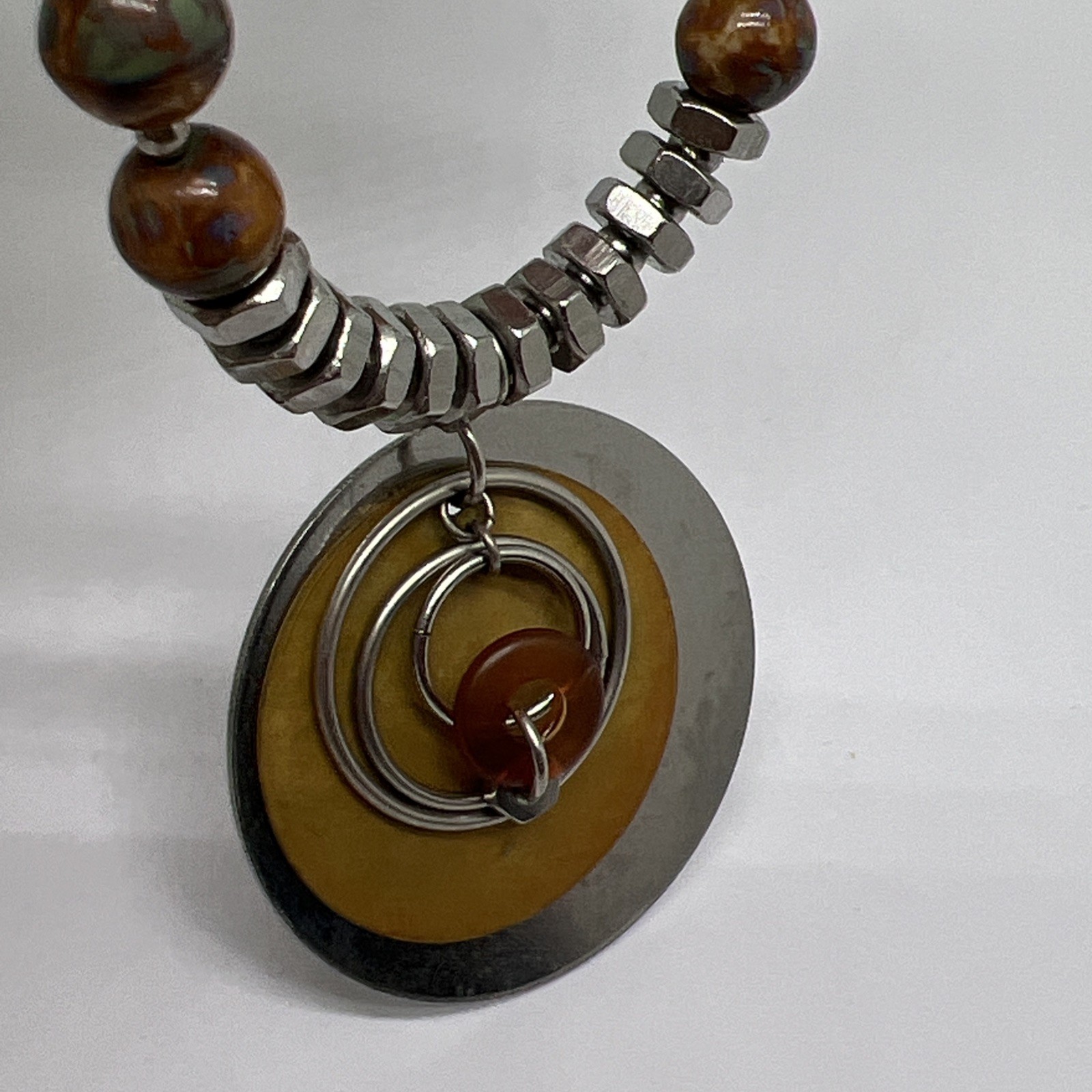 Vintage Modernist Geometric Disk Pendant Necklace Industrial Metal Resin Bead