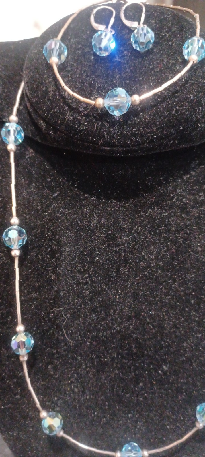 Set Of Silver And Blue Crystal Bead Matching Necklace, Bracelet, And Earrings