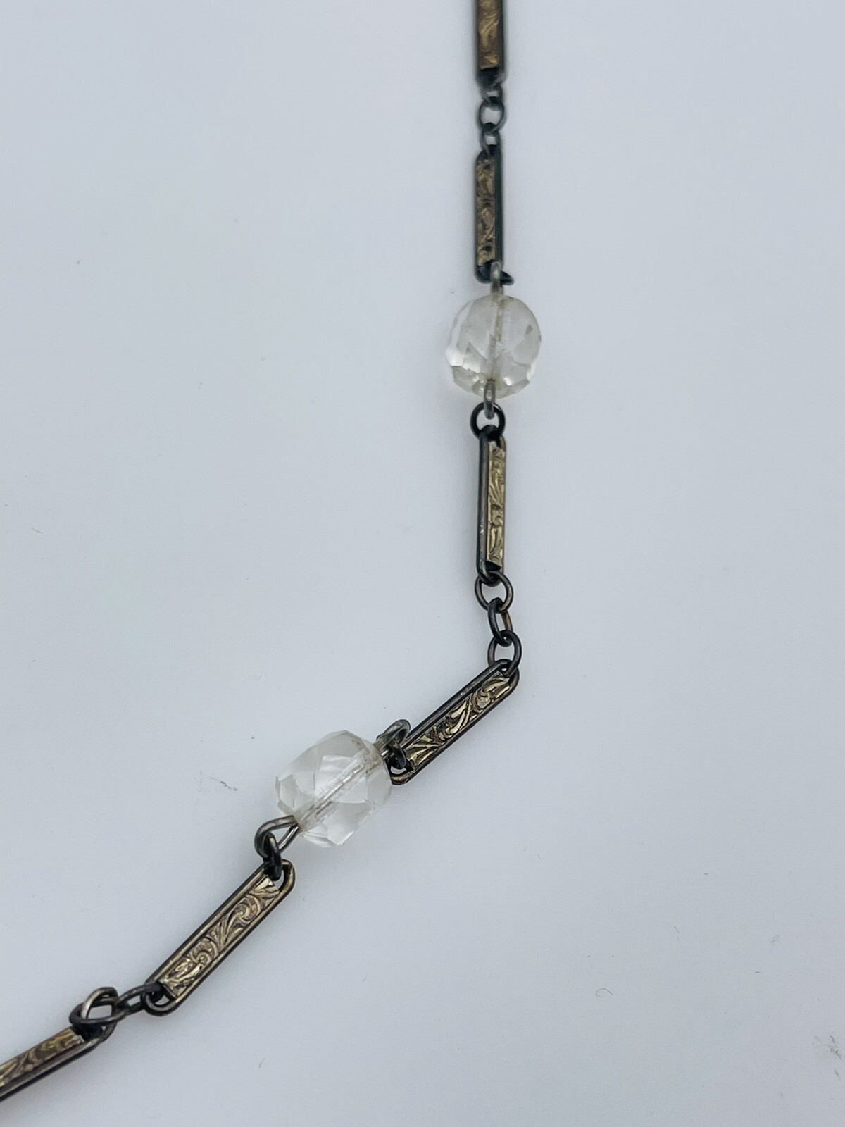 Antique Sterling Silver Ornate Bar Link Glass Bead Station Chain Necklace