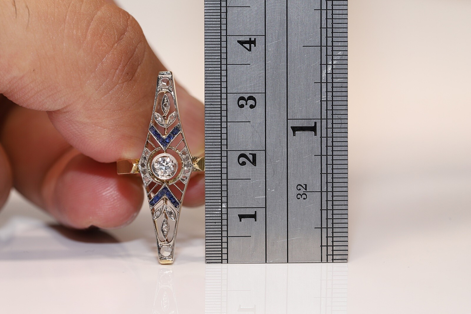 Antique Circa 1920s Art Deco 18k Gold Natural Diamond Sapphire Navette Ring