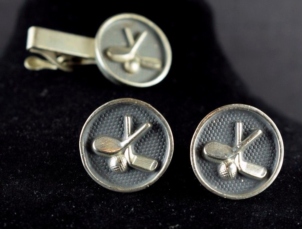 1940’s-50’s Heavyweight Golf Themed Men’s Tie Clip & Cuff Links Set Z28