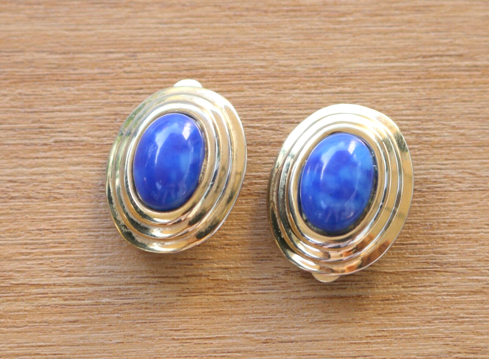 Vintage Gay Boyer Faux Blue Lapis Gold Tone Clip On Earrings