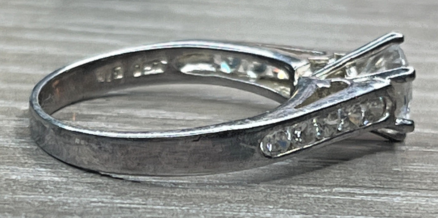 Vintage DBJ Sparkling CZ Solitaire Accents Engagement Ring Silver Tone SZ 8.25