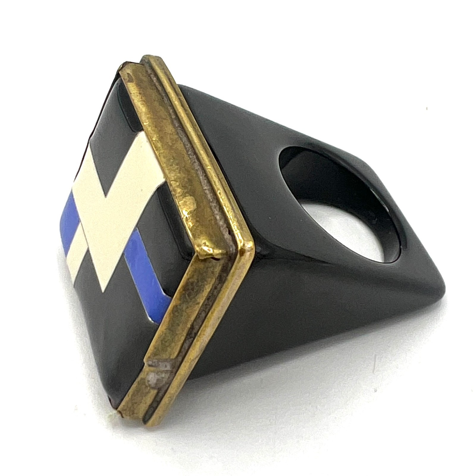 Modernist Geometric Resin Ring Black Enamel Metal Frame