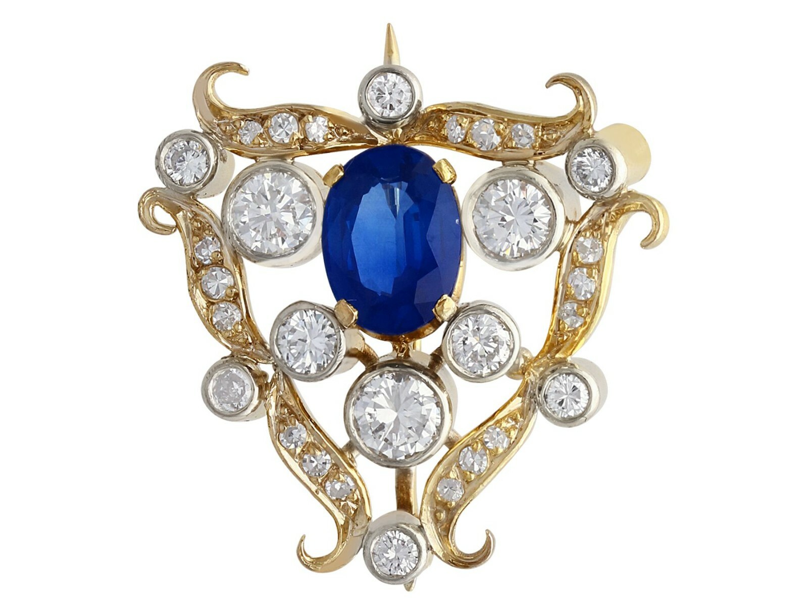 1.53 ct Sapphire and 1ct Diamond, 18ct Yellow Gold Brooch – Antique Circa 1920