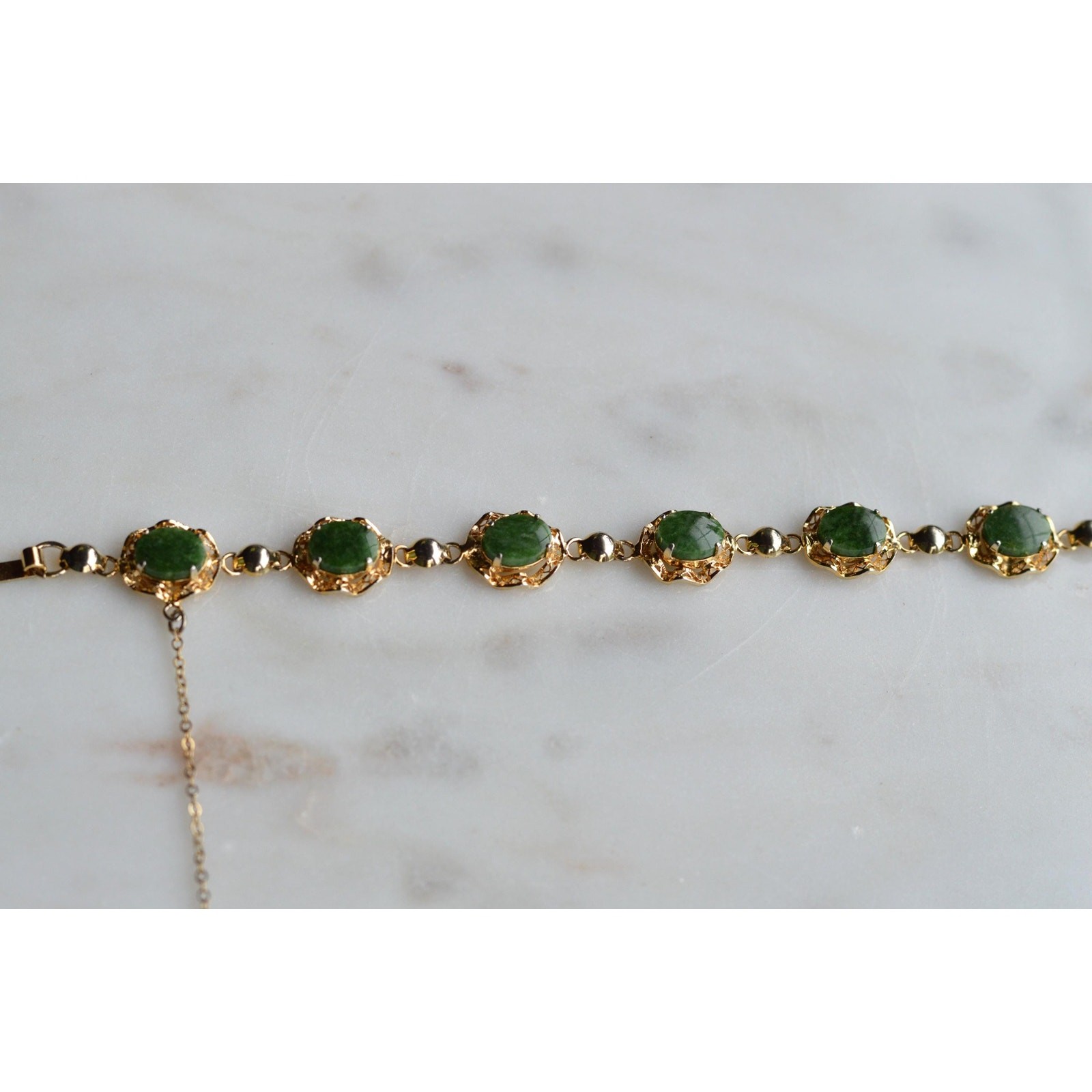 Vintage Alice Caviness Jade Bracelet | 12K Gold Filled Filigree Link | Signed