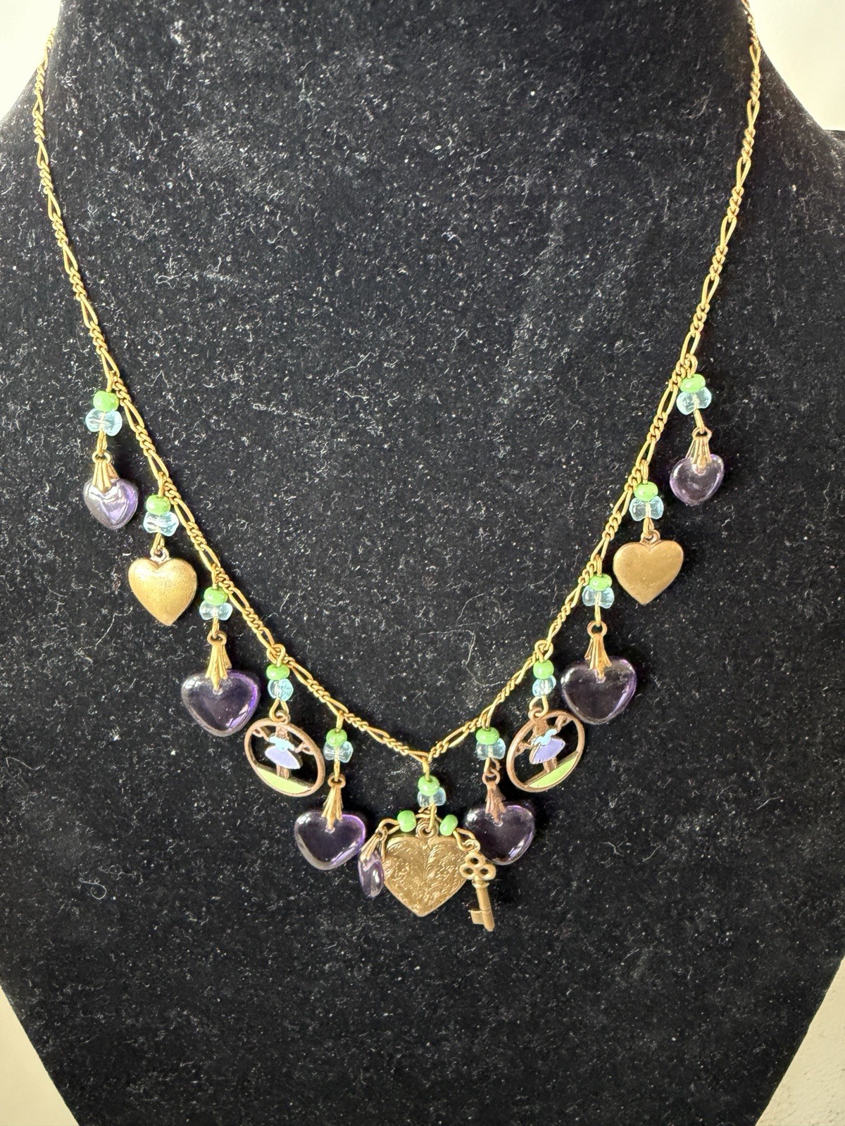 Vintage Signed Glassworks Studio Multi Charm Love Luck Fun Heart 18″ Necklace