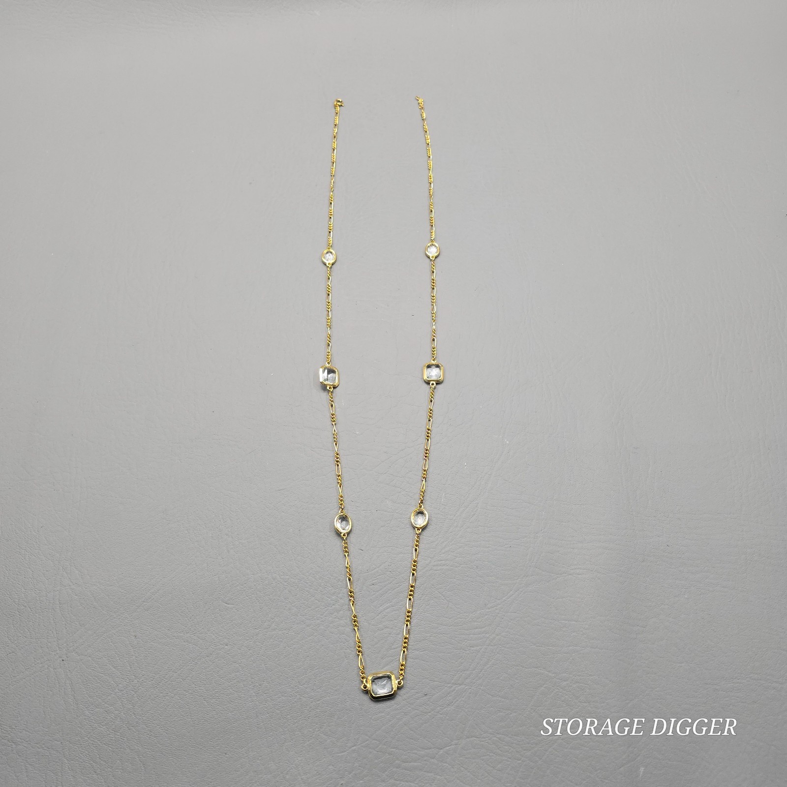VTG Clear Crystal Bezel Gold Tone Metal Bar Link Chain Station Necklace 35″ Long