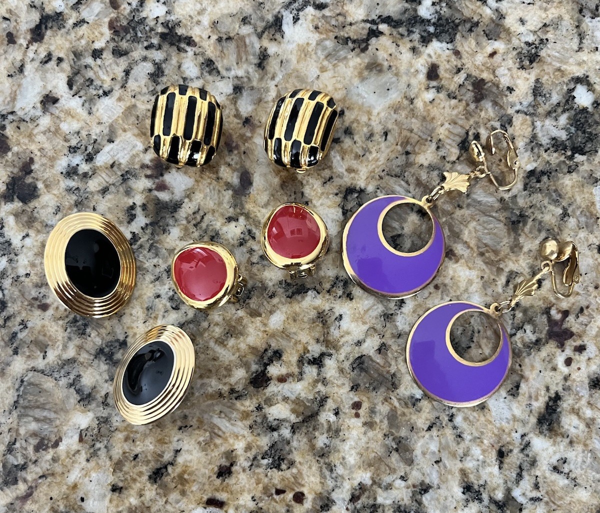 Vintage Gold Tone Multicolor Enamel Earring Lot Of 4 Clip On Purple Red Black