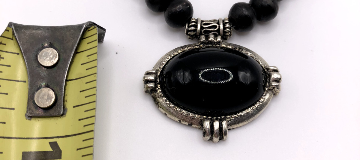 Vintage Black Beaded Necklace & Cabochon Pendant with Silver Tone Accents 20″