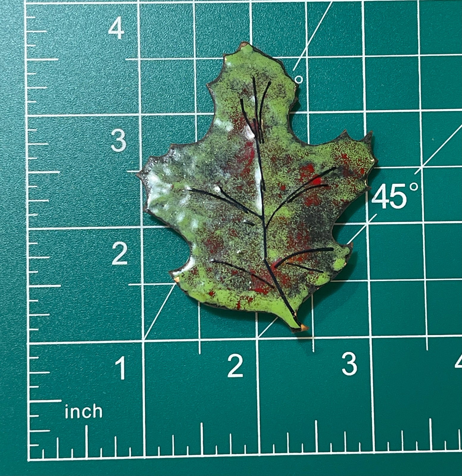 Vintage MCM Copper Enamel Green Leaf Brooch Pin Floral Plants Maple Leaf Costume