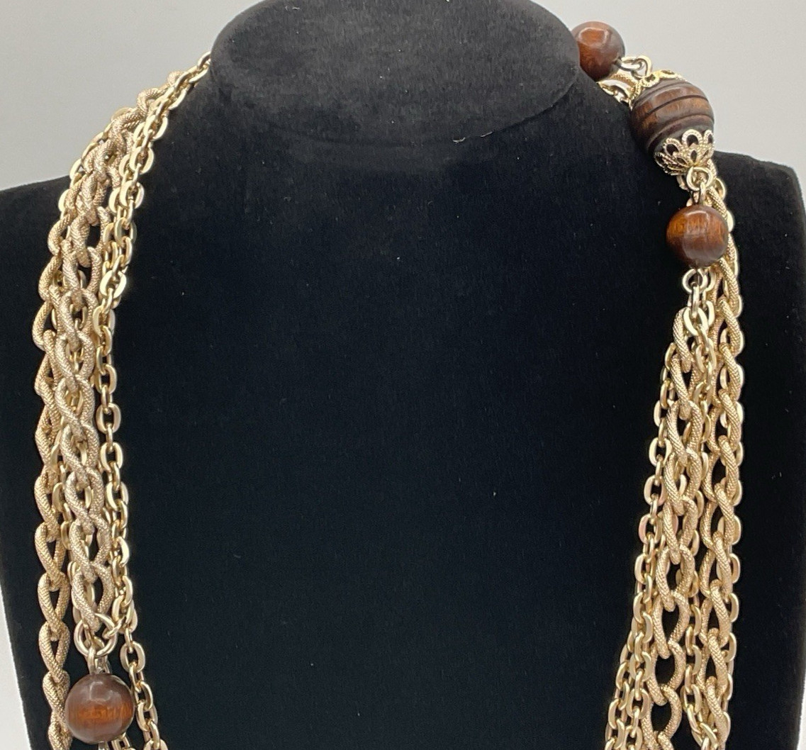 Emmons Goldtone Aluminum Chain Wood Bead Necklace 48″ NICE Fast Free Shipping!