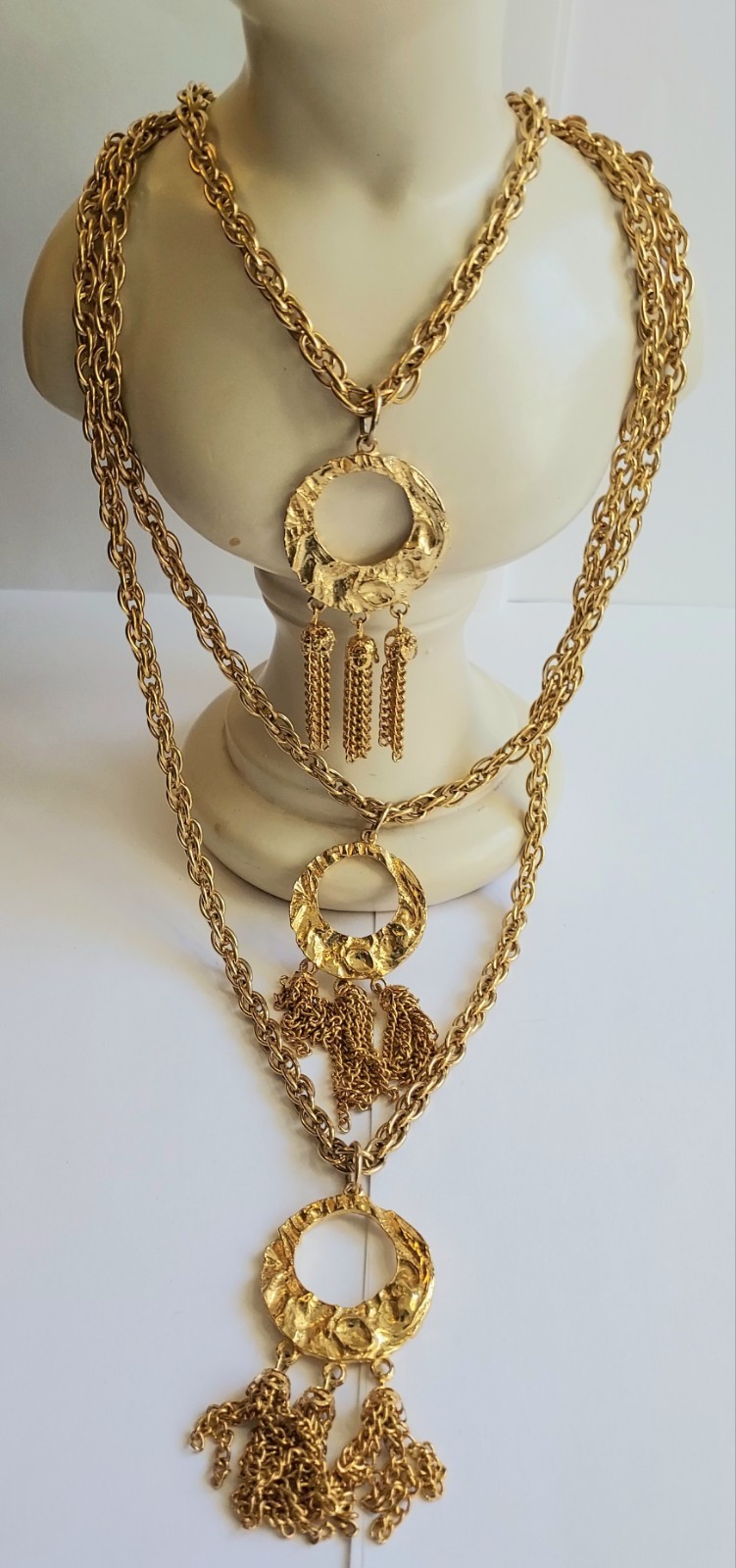 Vintage Multi Strand Festoon Tassel Necklace Circle Pendant Gold Tone Statement