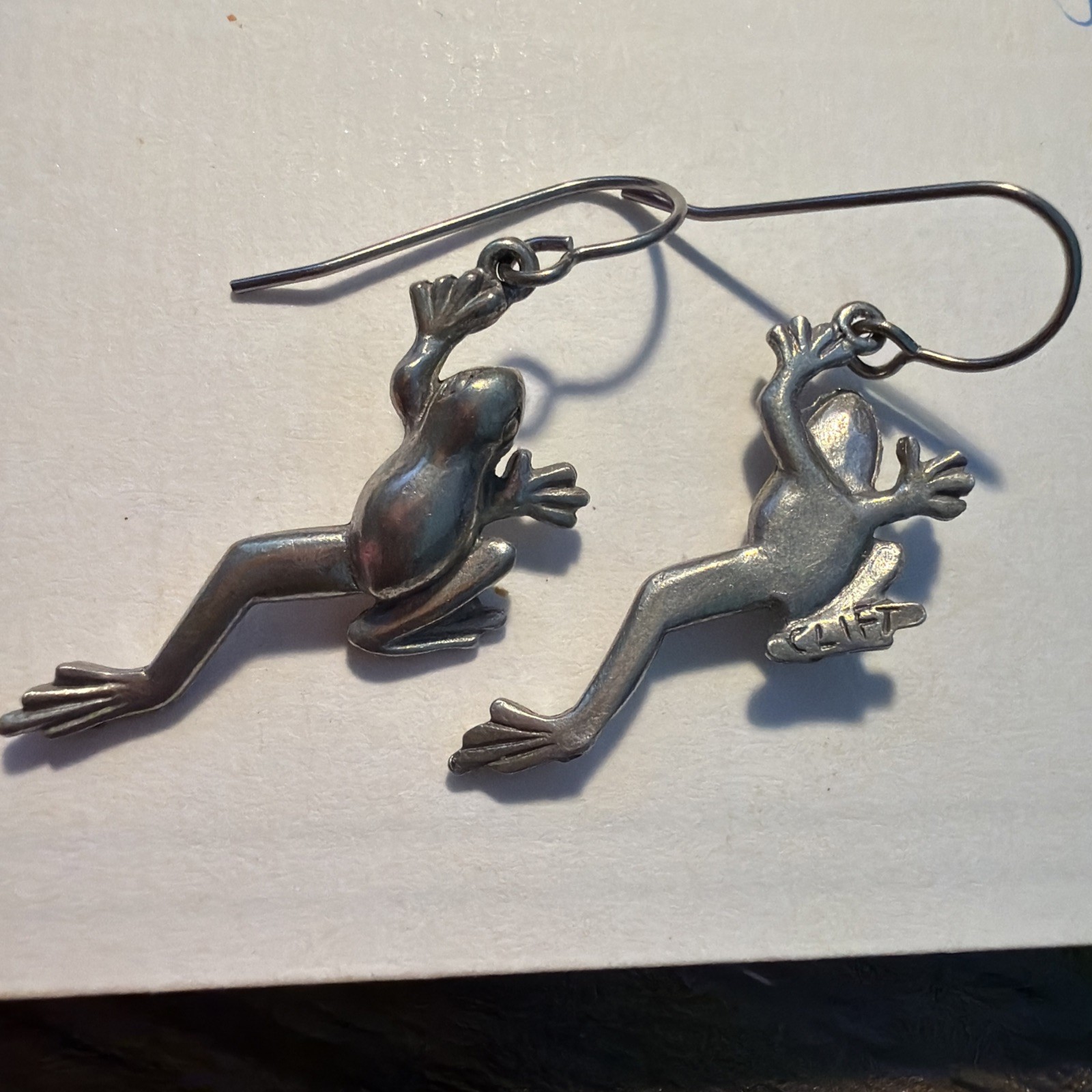 Jim Clift Pewter french Hook jumping tree frog drop dangle Pierced Earrings