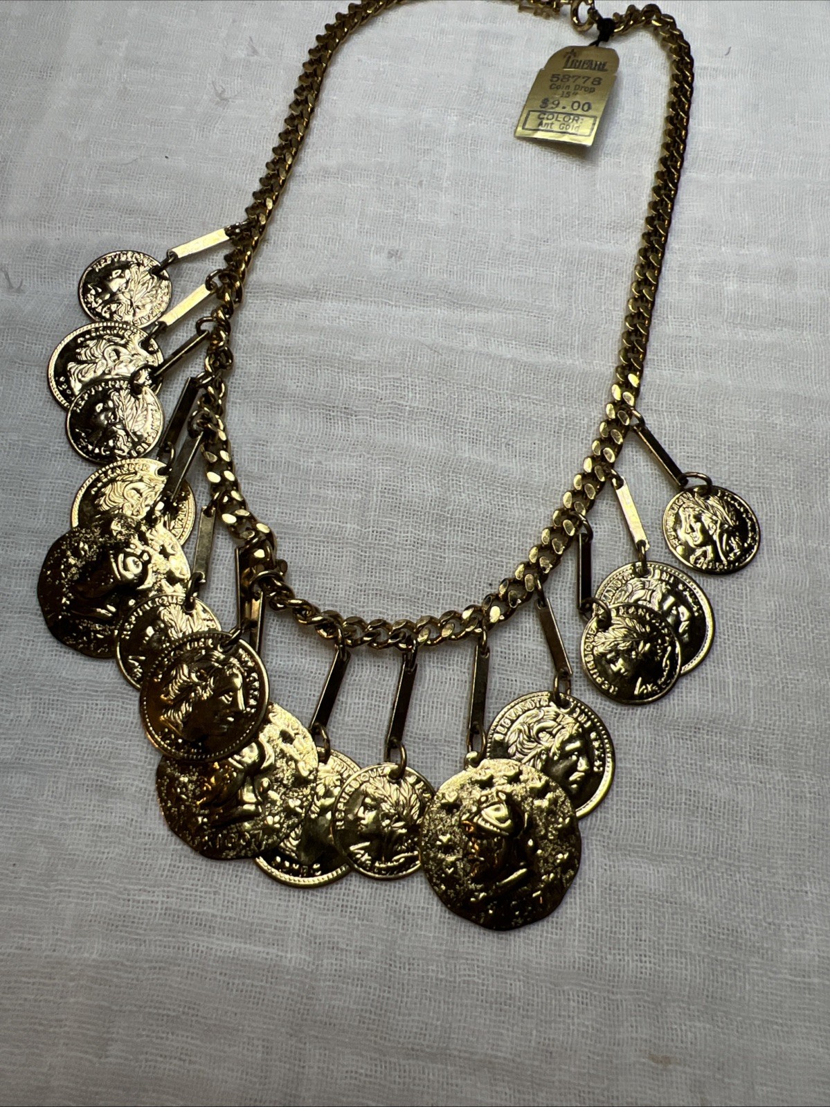 VTG Crown Trifari Jewels Antique Gold Roman Coin Demi Parure Set NOS 1978-85