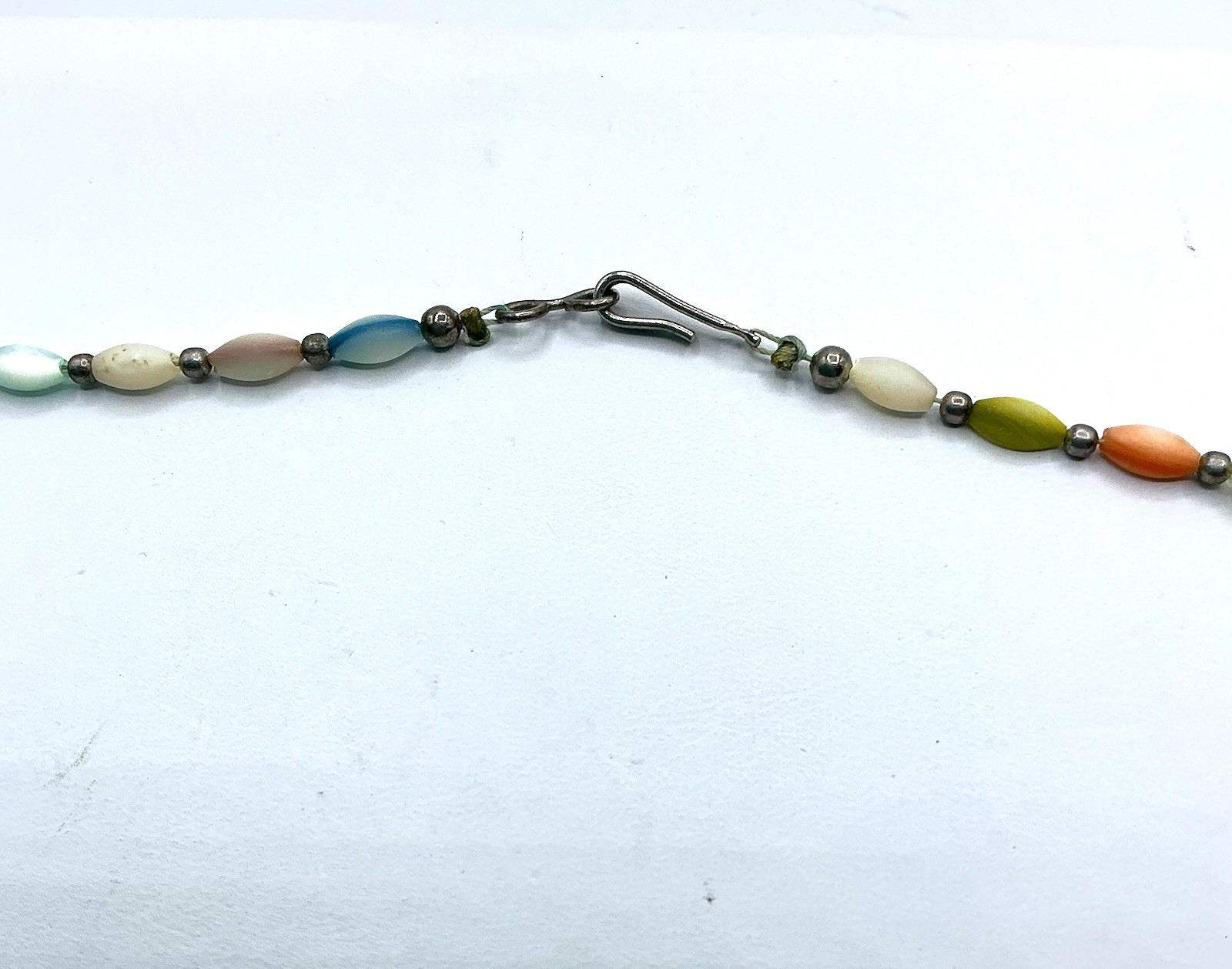 Vintage Multicolor Pastel Thin Bead 26″ Necklace Hook Clasp Blue Pink Yellow