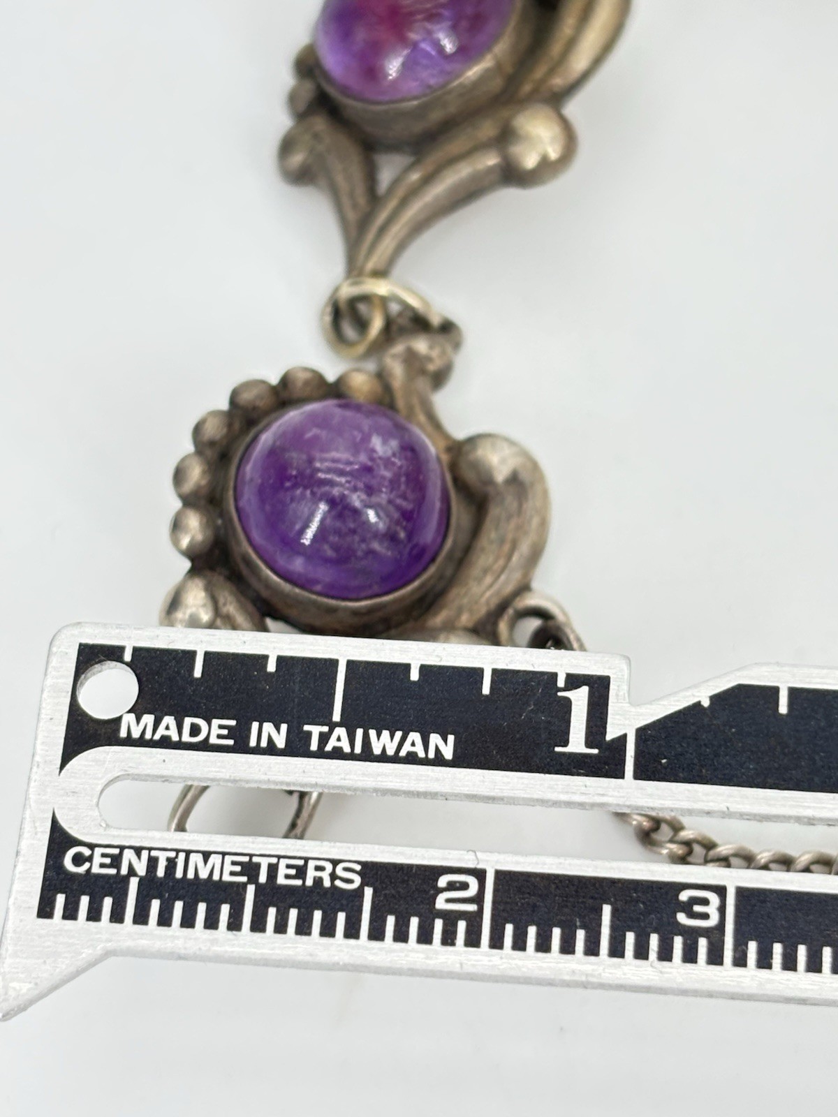 VTG LOS CASTILLO Taxco Sterling Silver Amethyst Floral Scrollwork Panel Bracelet