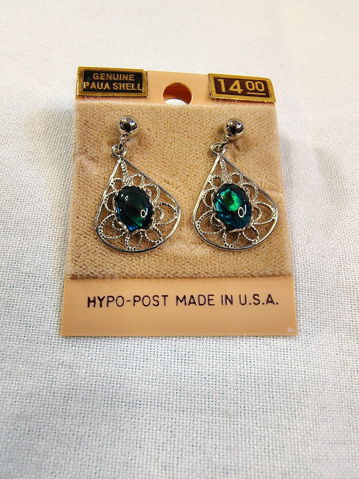 Vintage Paua Shell Silver Tone Earrings Abolone Blue Green Teardrop Filigree