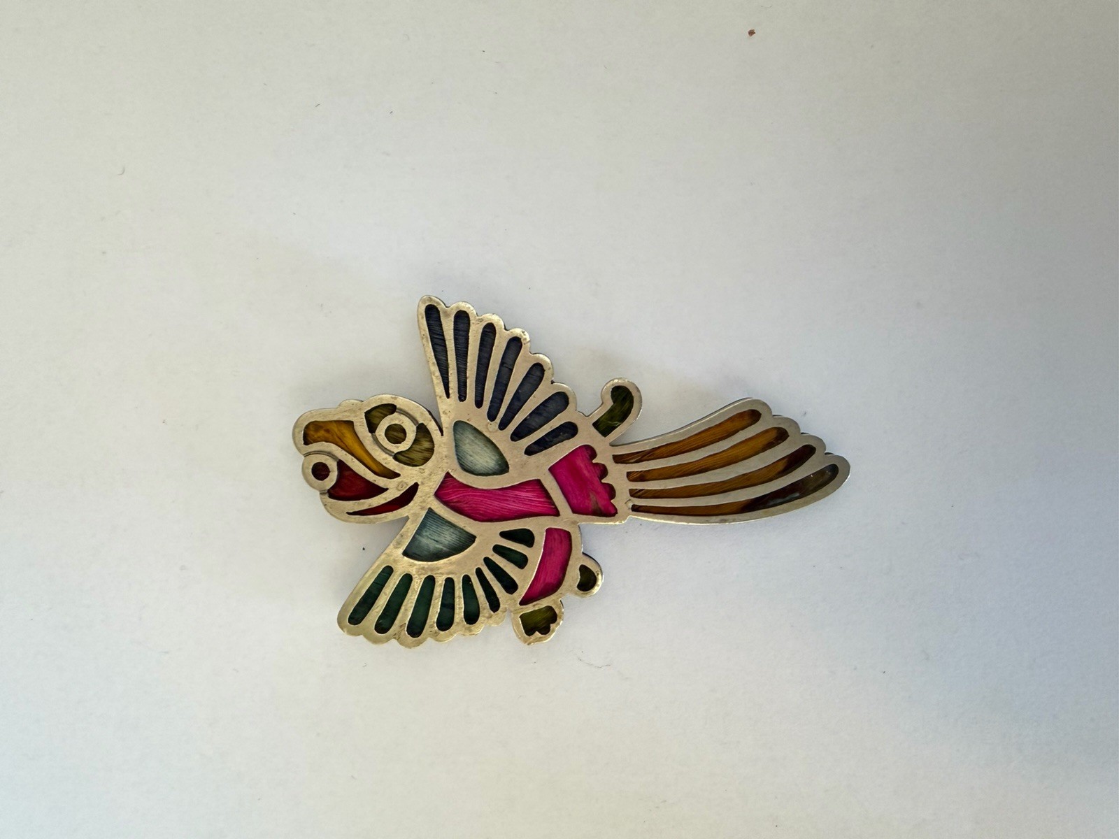 Vintage Los Castillo Pluma Azteca Exotic Silver-plated & Feather Bird Brooch