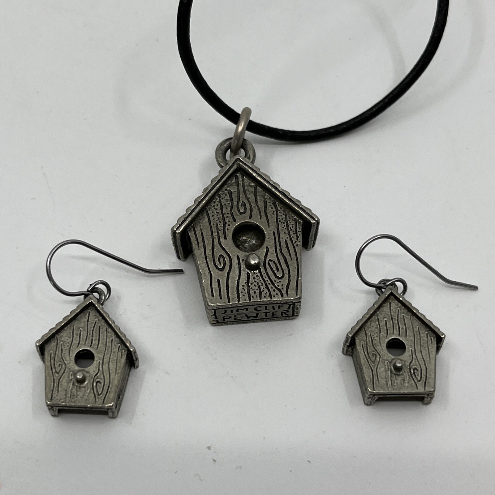 Vintage Estate Jim Clift Pewter Birdhouse Pendant & Pierced Earrings Set