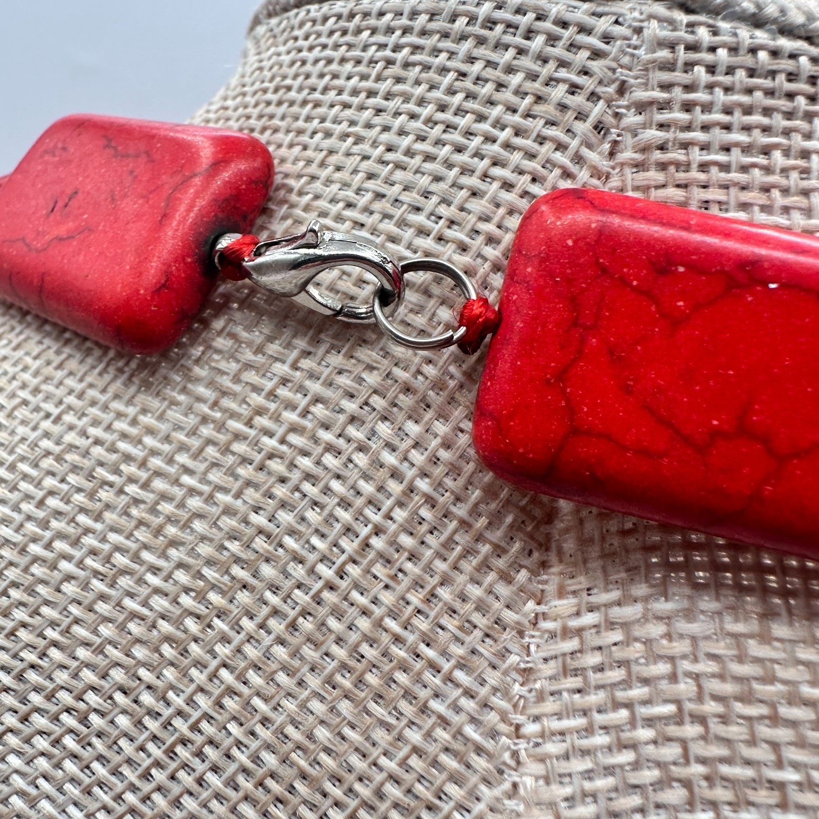 Vintage 90s Red Howlite Turquoise Rectangle Beaded Statement Necklace Jewelry