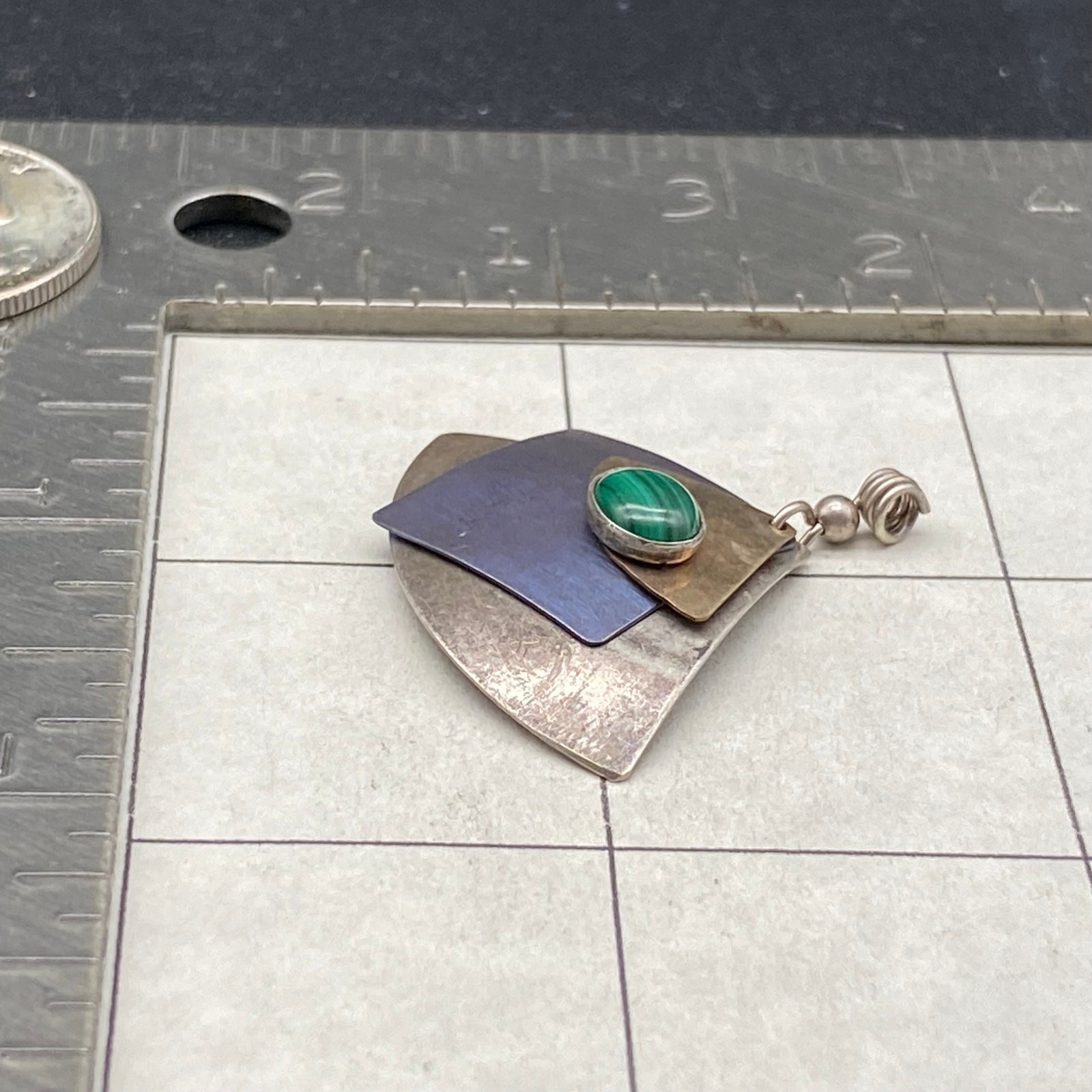 Vintage Modernist Malachite Sterling Silver Mixed Metal Dangle Pendant