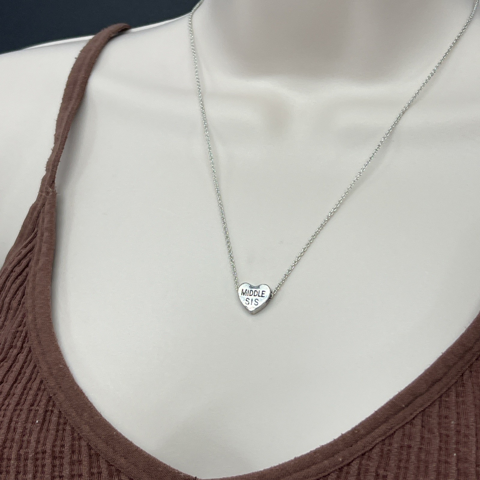 Claire’s MIDDLE SIS Sliding Heart Pendant Necklace Vintage Silver Tone 18”