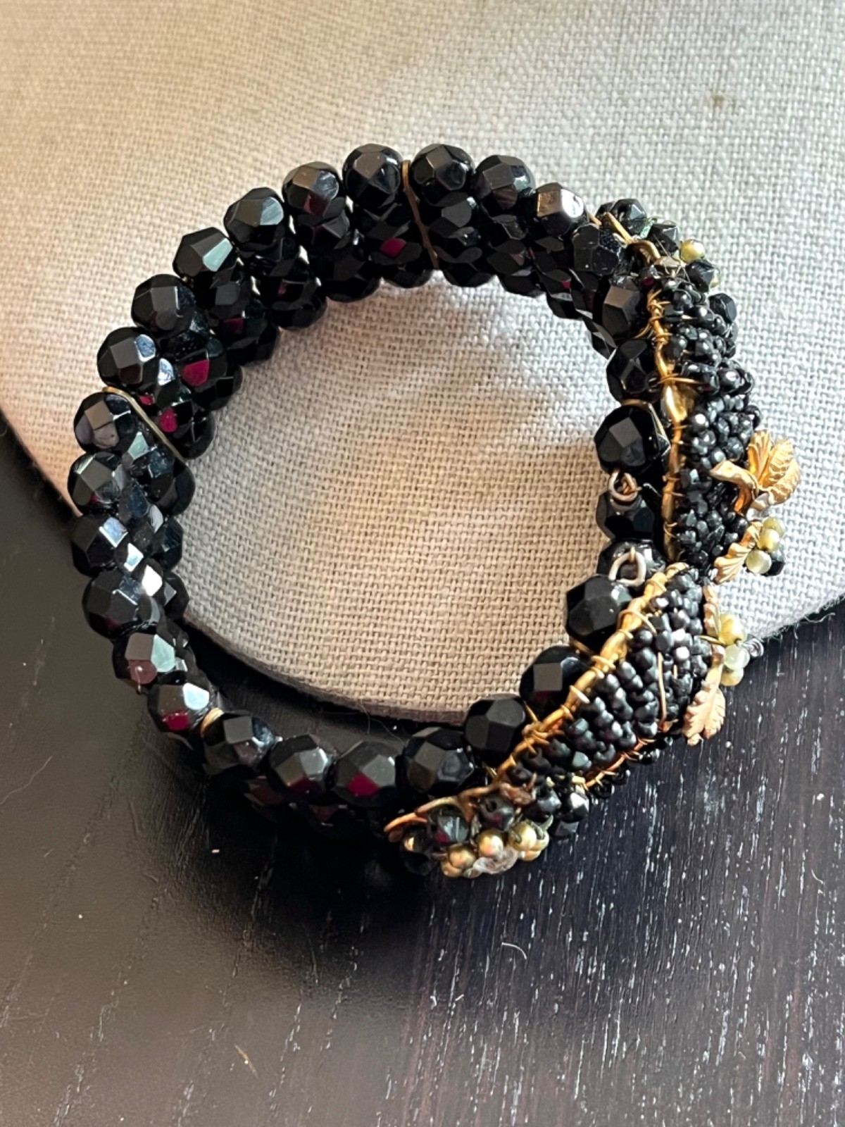 Beautiful Vintage Miriam Haskell Black Glass Bracelet Earrings Gold Pinecone